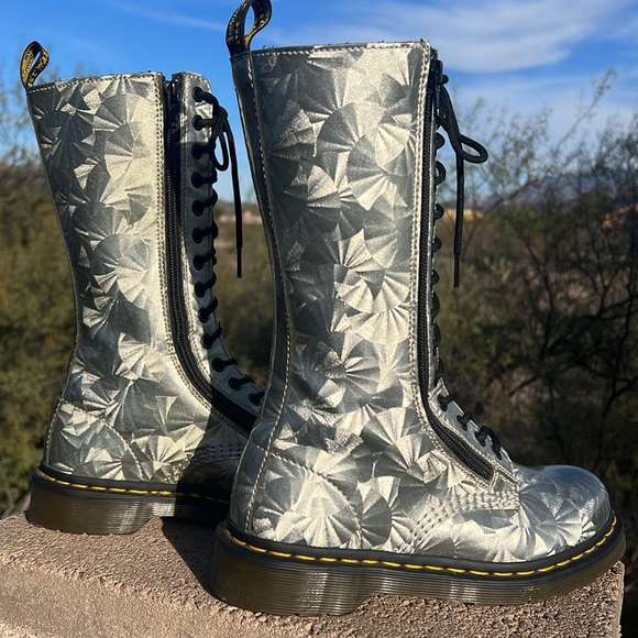 Dr. Martens Holographic Silver Retro Style Tall 14 Eye Lace Up & Side Zippers - Picture 8 of 17